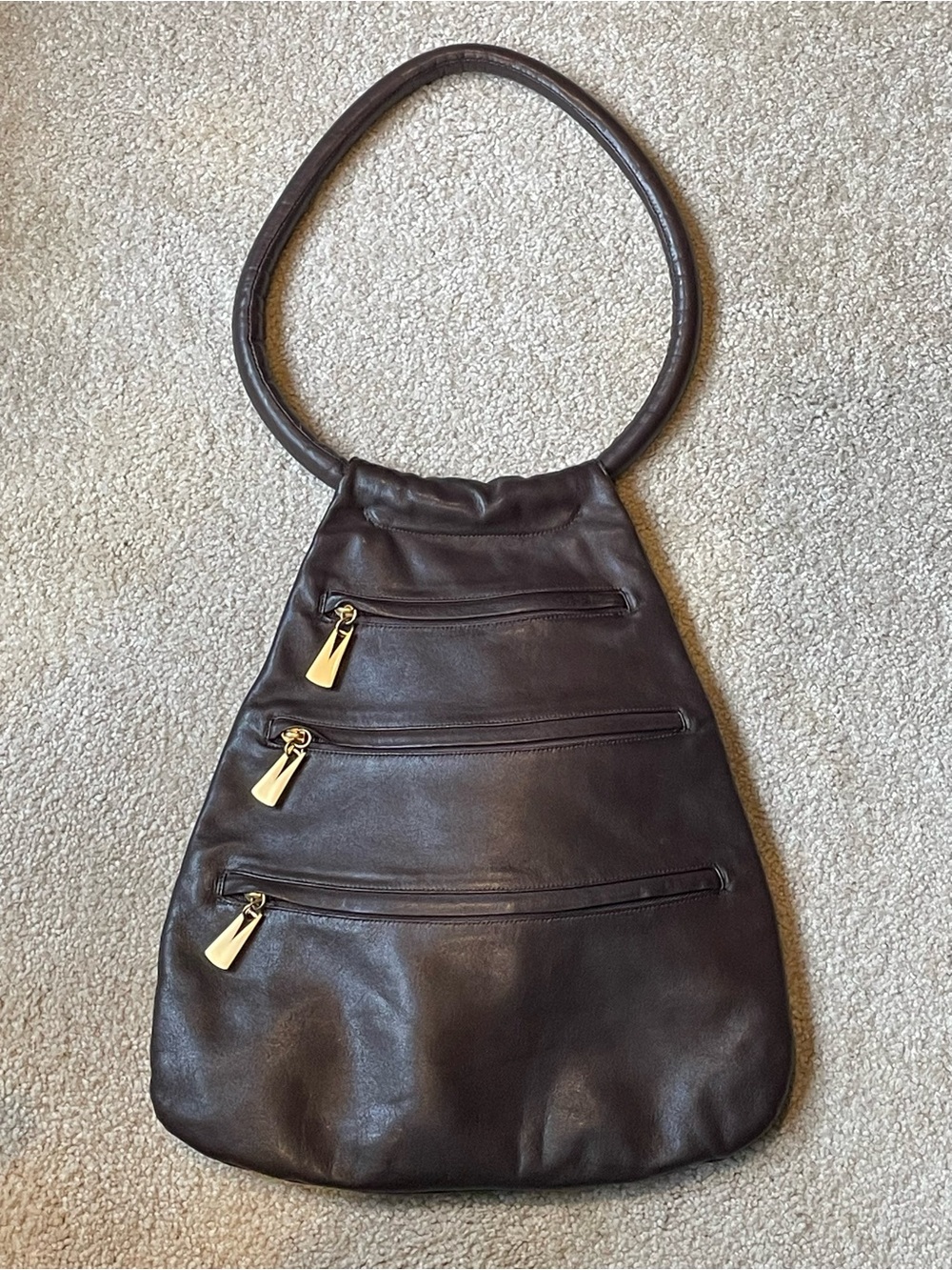 Liza Ganz Brown Leather Triple-Zip Shoulder Bag